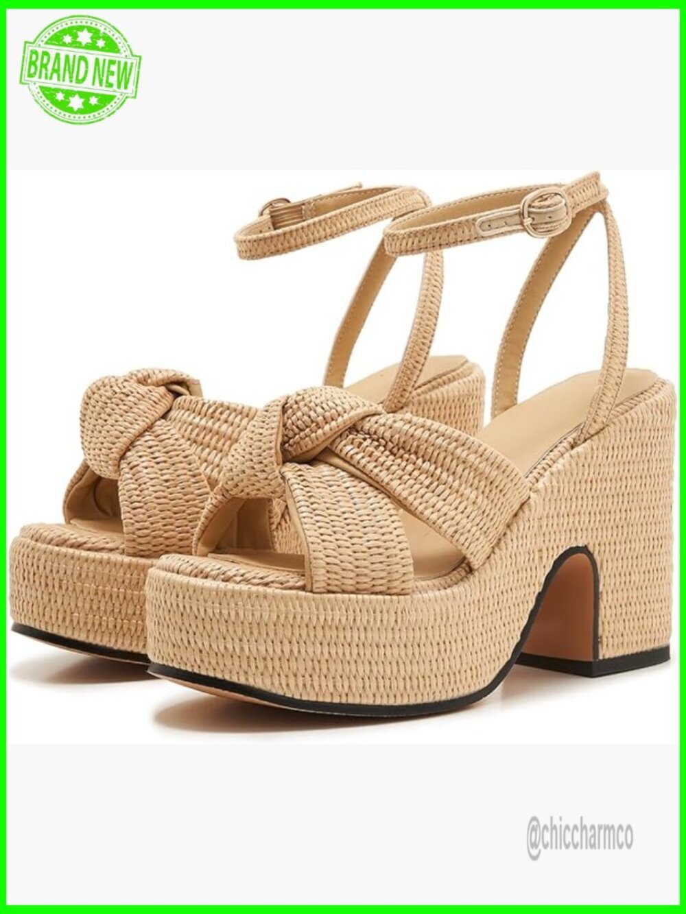 Women's Raffia Platform Sandals, Woven Block Heel, Adjustable Ankle Strap,
